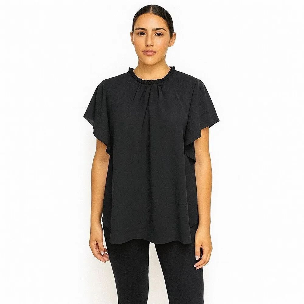 Boohoo Solid Black Short Sleeve round neck open back polyester elastic size 10